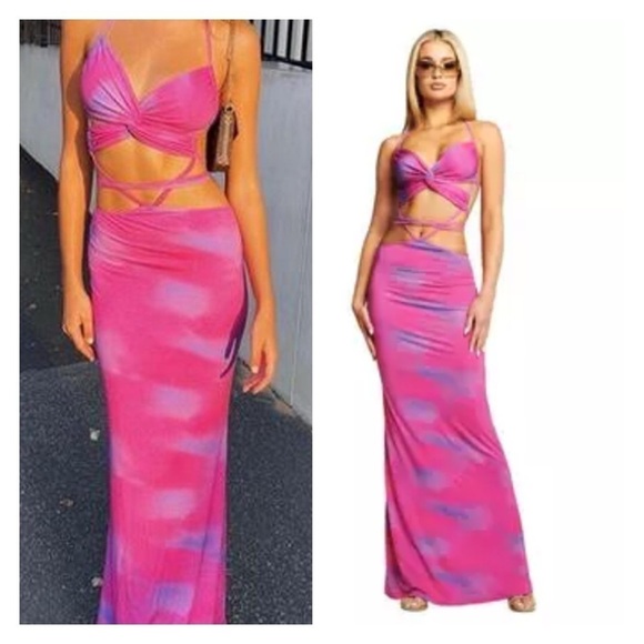 I.AM.GIA Pink Purple Cloud Print Karlie Cutout Halter Bodycon Maxi Dress S Sexy - Picture 2 of 16